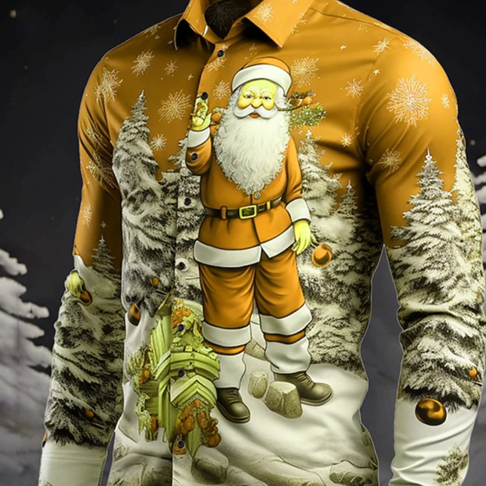 Daily Wear Going Out Fall Winter Turndown Long Sleeve Elastic Fabric Comfortable Shirt Santa Claus Pattern Casual Mens Shirt 241007
