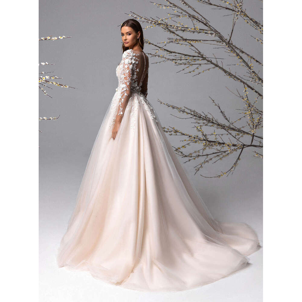 Stunning Wedding Dress A-E Appliques Lace Silk Belt Long Sleeve Or-Length Princess Bride Vestido De Noiva Custom Made 0228Lz