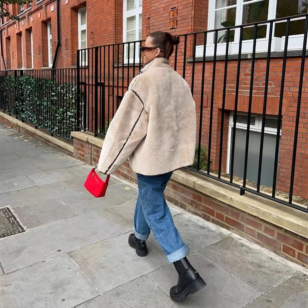 Taop Zas winter womens clothing contrasting color border wool loose jacket rack collar soft and comfortable wool leather jacket 241021