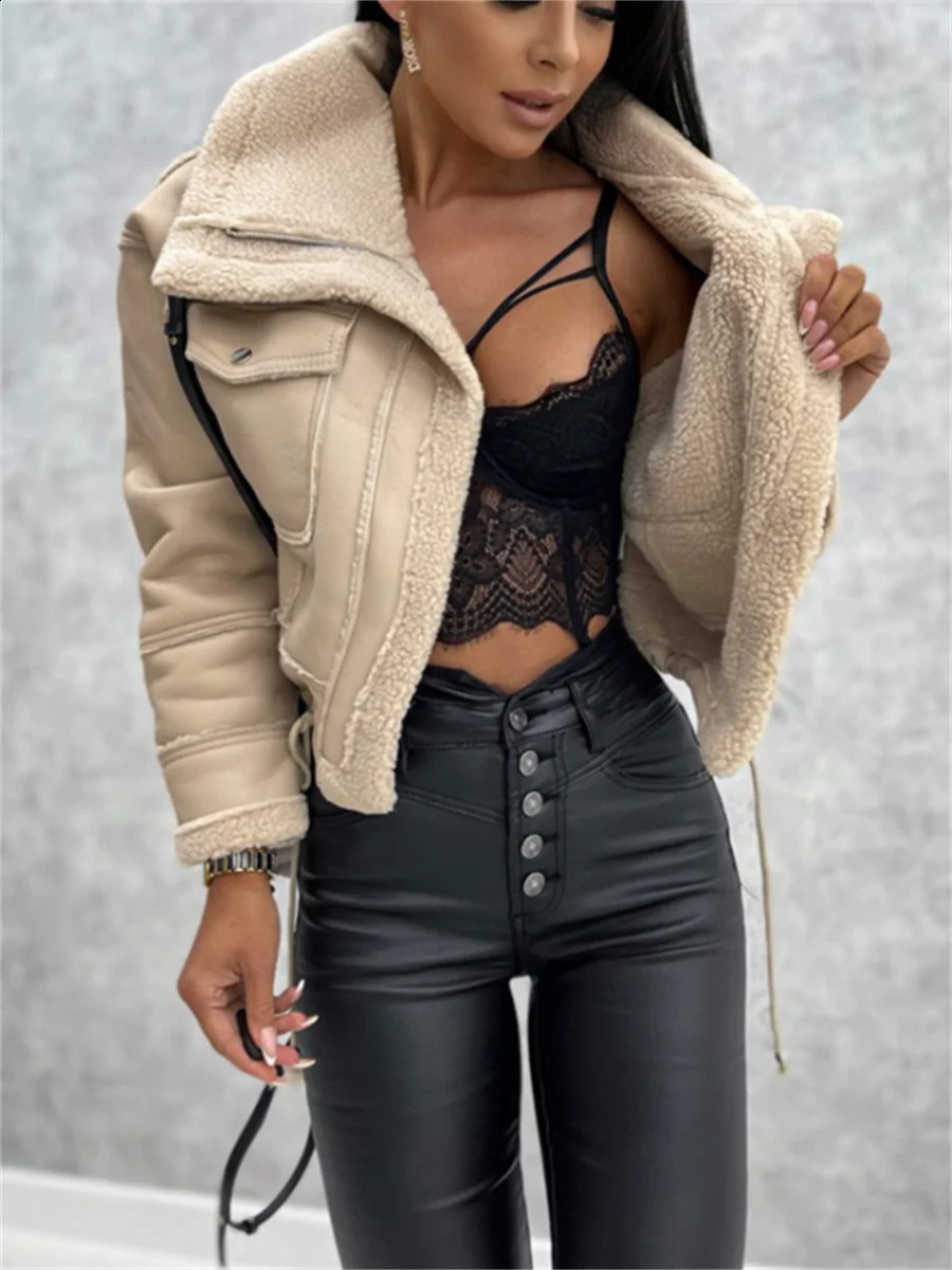 WSEVYPO wool patch work suede winter warm jacket womens casual long sleeved lapel collar zipper jacket street party jacket 241007