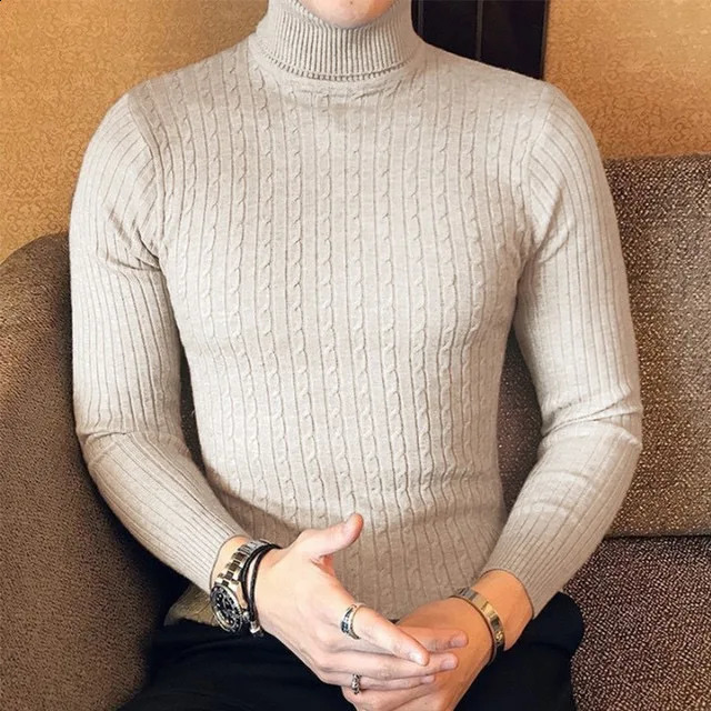 Winter High Neck Thick Warm Sweater Men Turtleneck Mens Sweaters Slim Fit Pullover Knitwear Male Double Collar 241017
