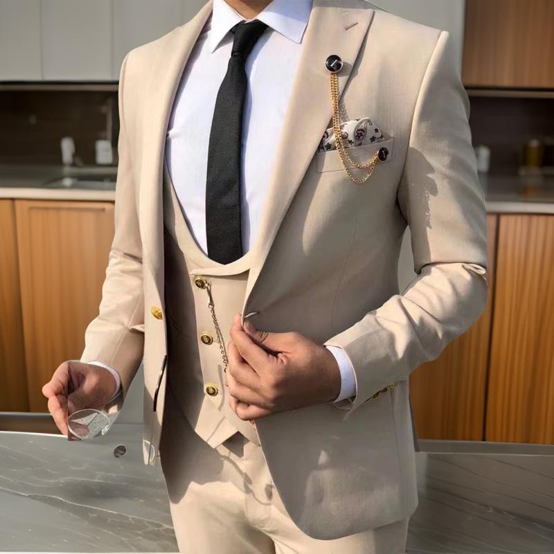 Italian Style Men's Suits Peak Lapel Custom Slim Fit 3 Piece Wedding Groom Tuxedo Business Fashoin Suit (Jacket+Pant+Vest)