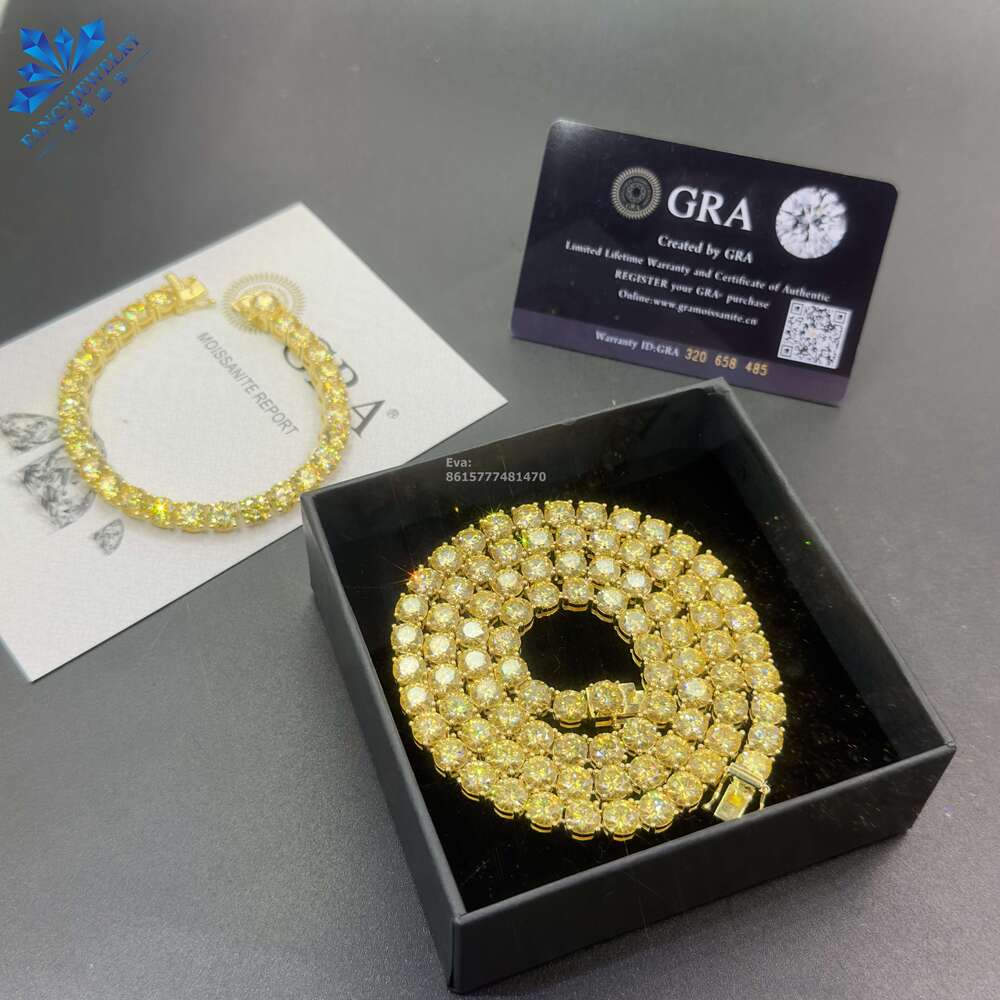 Sparkg Fashion Jewelry 3Mm 5Mm 6.5Mm Yellow Moissanite Tennis Chain Necklaces And Bracelet Pass Dia Tester