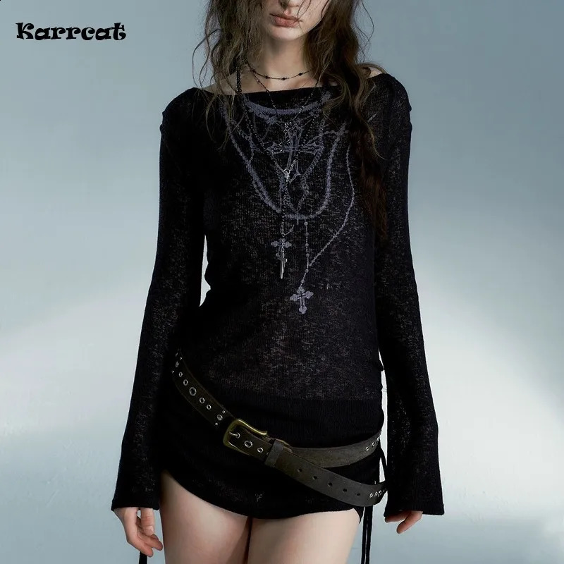 Karrcat Grunge Aesthetics Knitted Top Retro Tattoo Printed T-shirt Punk Black Ribbed T-shirt Gothic Alt Street Wear 241021
