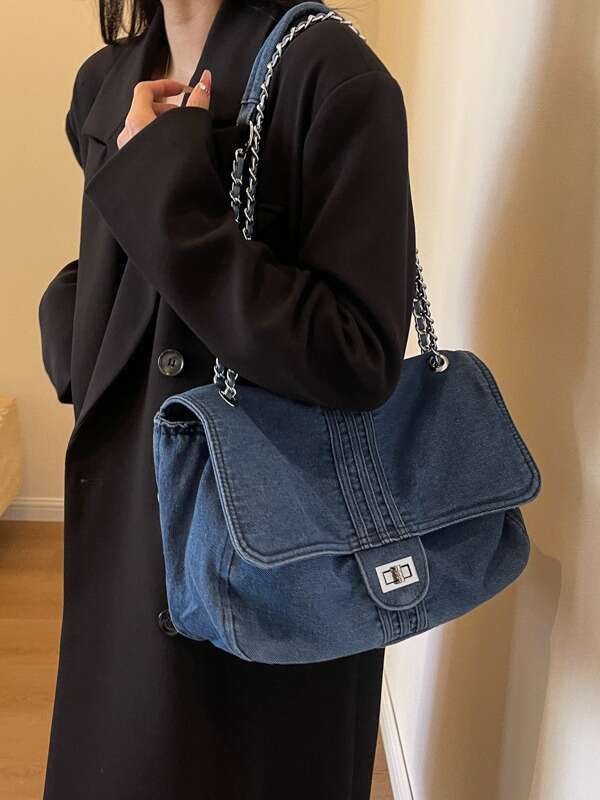 Solid Flap Pocket Interior Compartment Shoulder Casual Soft 2024 Hot Sale Bags for Women Zipper Denim Women's Handbags
