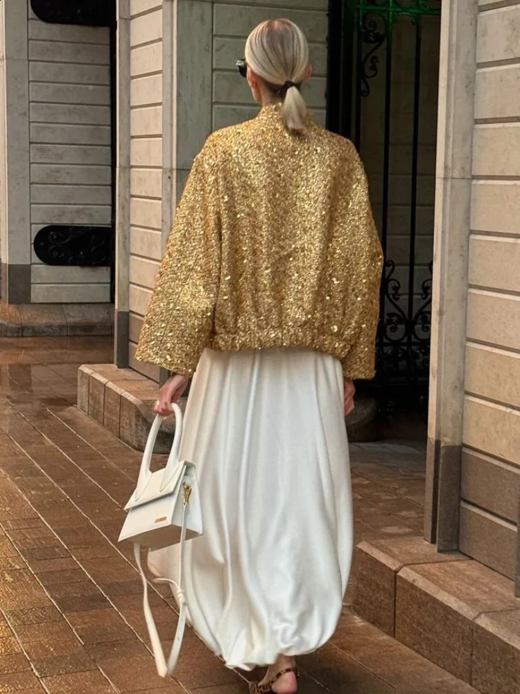 Womens retro gold glitter shiny pocket stand up collar jacket fashionable single breasted crop oversized jacket womens Y2k jacket 241019