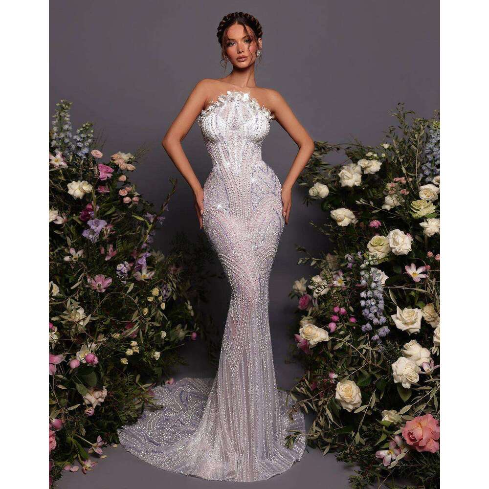 Gorgeous Wedding Dress Mermaid Strapless Appliques Sequins Pearls Sleeveless Sweep Train Bride Gown Vestido De Noiva Custom Made