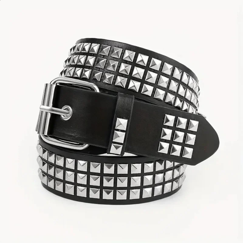Punk Rivet Belt Metal Square Bead Women Men Bright Rock Studded Jeans Alloy Buckle Y2K Wide-brimmed Leather Waistband Belt 241024