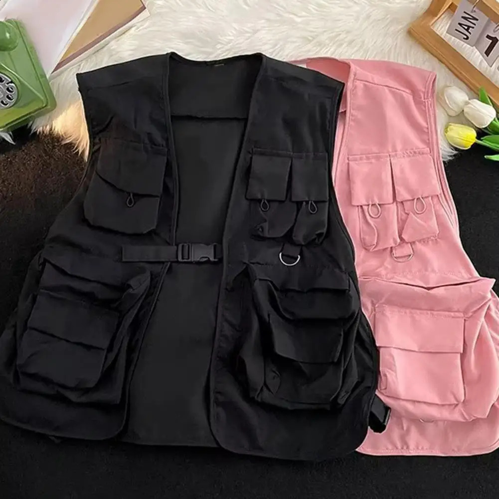 Multi Pockets Cargo Waistcoat Solid Color Hip Hop Style Women Men Sleeveless Loose Buckle Closure Jackets Vests 241021