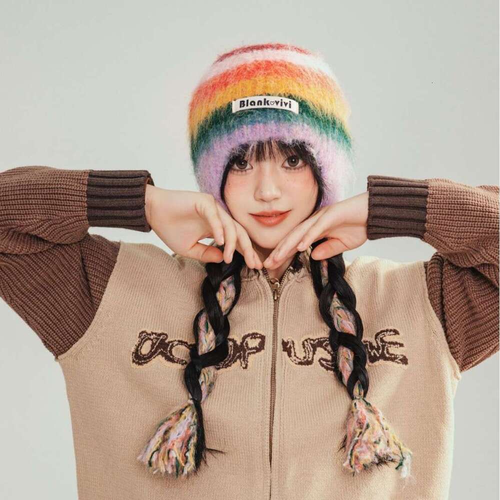 Beanie Striped design knit hat for winter outdoor warm Rainbow Christmas gift to girls knitted hat bonnet