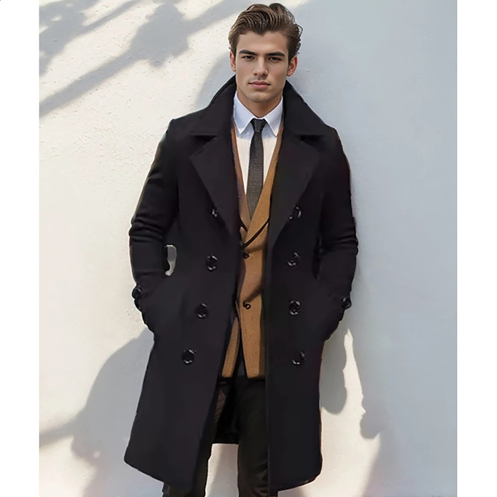 Autumn and winter mens wool coat casual and fashionable double-layer long mens wool coat 241021
