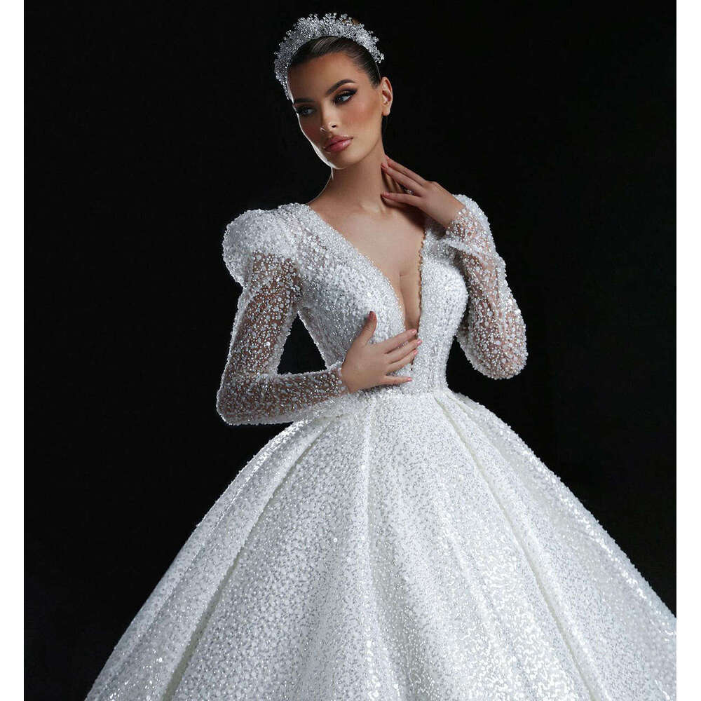 Ball Gown V-Neck Sequined Pearls Long Sleeve Plus Size Wedding Dress Princess Vestido De Noiva Custom Made 0228Lz