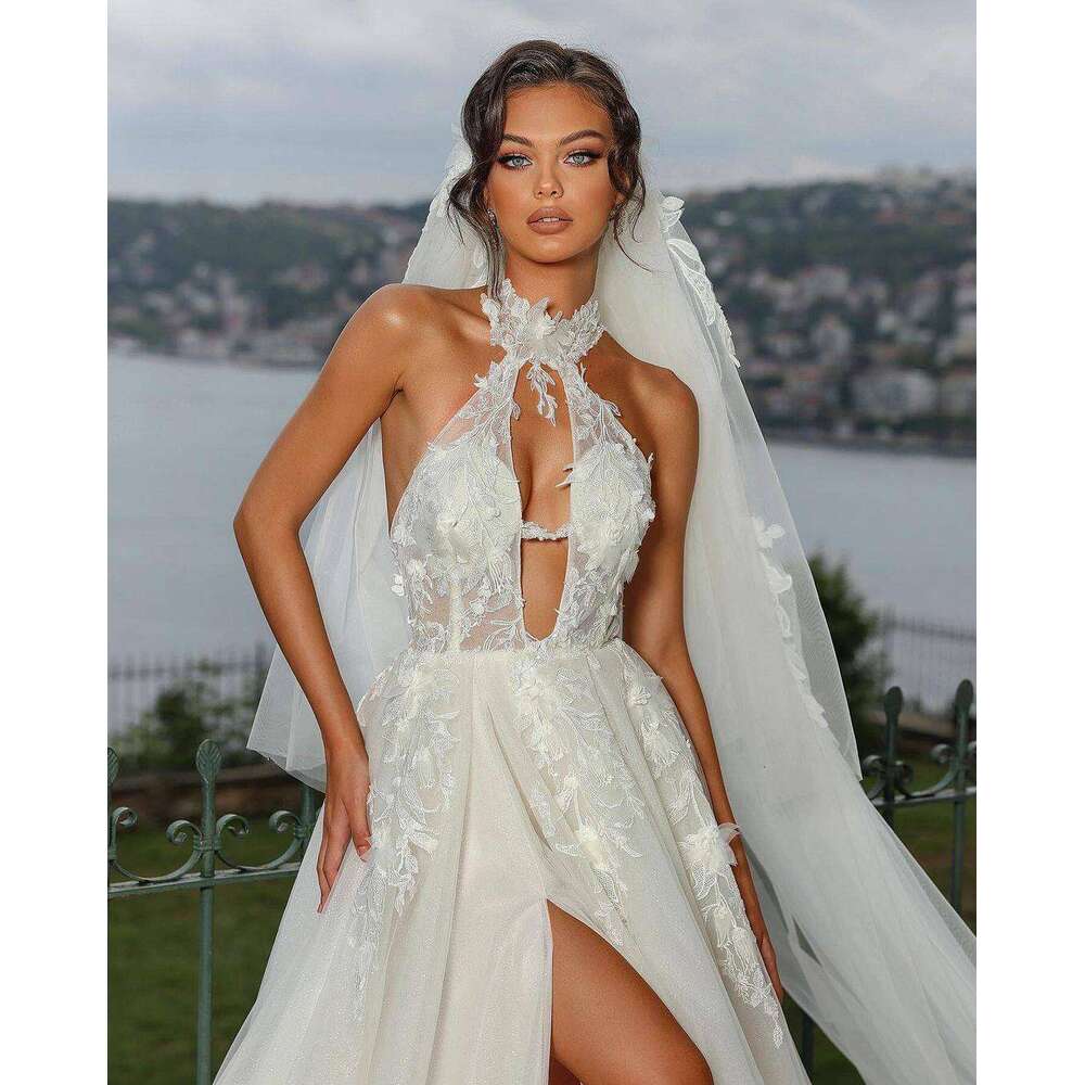 Elegant Wedding Dress A-E Halter Appliques Lace High Split Cut-Out Sleeveless Or Length Bride Vestido De Noiva Custom Made 0228Lz