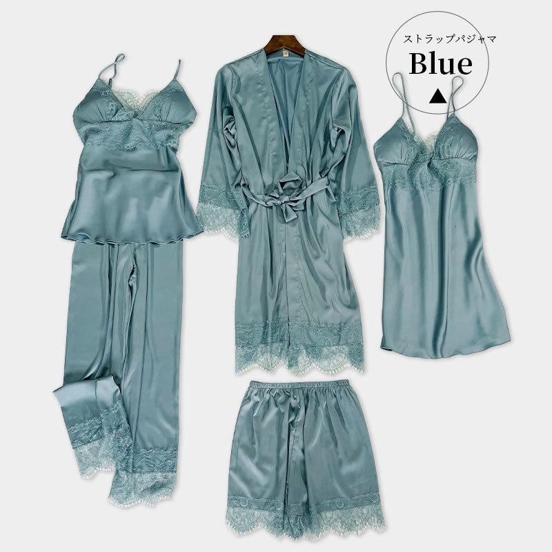 2025 New designer with breast pad full slip lace white ice silk Pamas women s fashion suspender shorts five piece set pajamas bathrobe