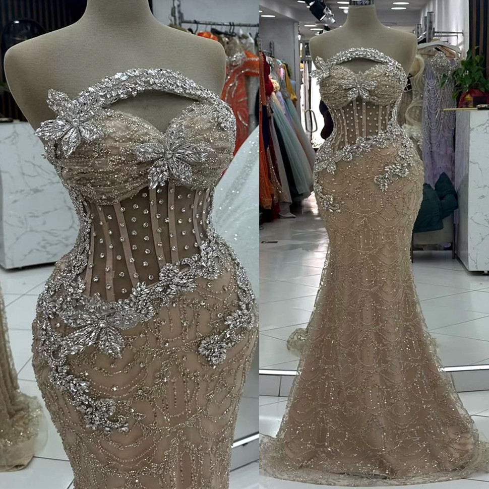 Aso Ebi 2024 Champagne Illusion Mermaid Prom Dresses Rhinestones Lace Evening Formal Party Second Reception Birthday Gowns Dress For Special Occasions ZJ050