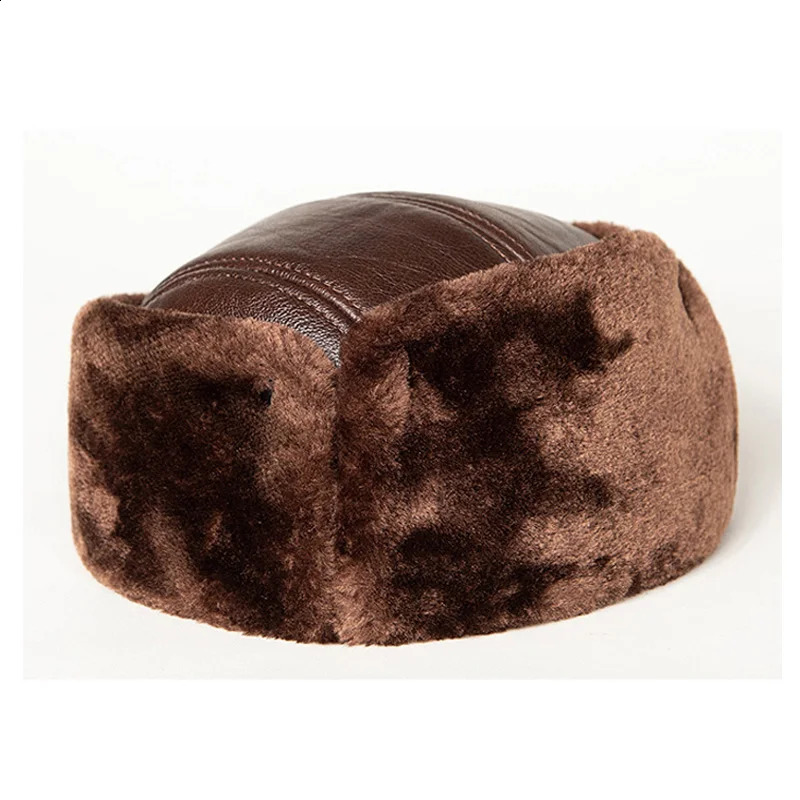 Winter Lei Feng Hats Man Genuine Leather Cap Male Warm Faux Fur Inside Big Earflap Middle-Aged Elderly Father Gorras Ear Cap 241024