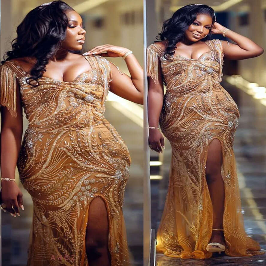 Aso Ebi Gold Arabic Mermaid Prom Dresses Sequined Lace Urious Evening Formal Party Second Reception Birthday Engagement Gowns Dress ZJ