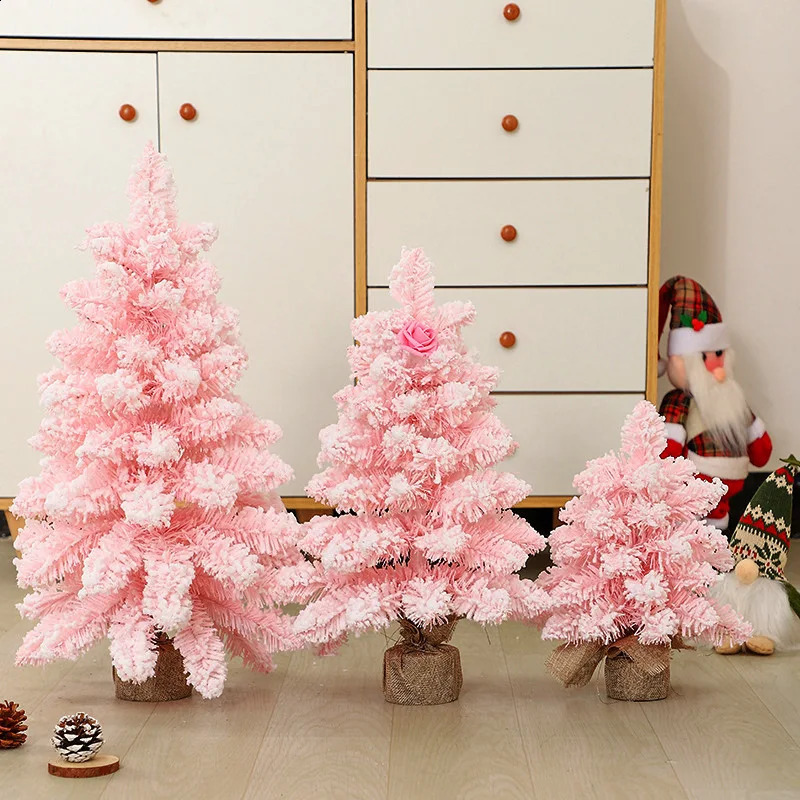 Artificial Christmas Tree 60CM Pink Desktop Flocking Christmas Tree with Lights Christmas Decoration Window Decoration Gift 241021