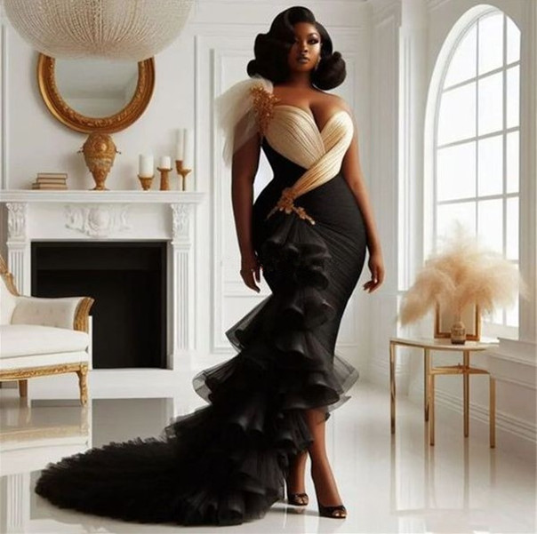 Black Charming Women Prom Dresses Elegant Aso Ebi Plus Size Evening Tiered Ruffles Formal Ocn Dress Tulle Mermaid Birthday Vestios De Fiesta Fitted