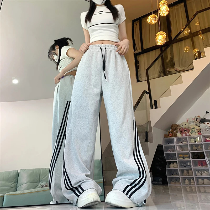 Black Striped Sweatpants Women Preppy Style High Waist Loose Casual Trousers Korean Chic Gray Lace Up Streetwear Wide Leg Pants Z260314