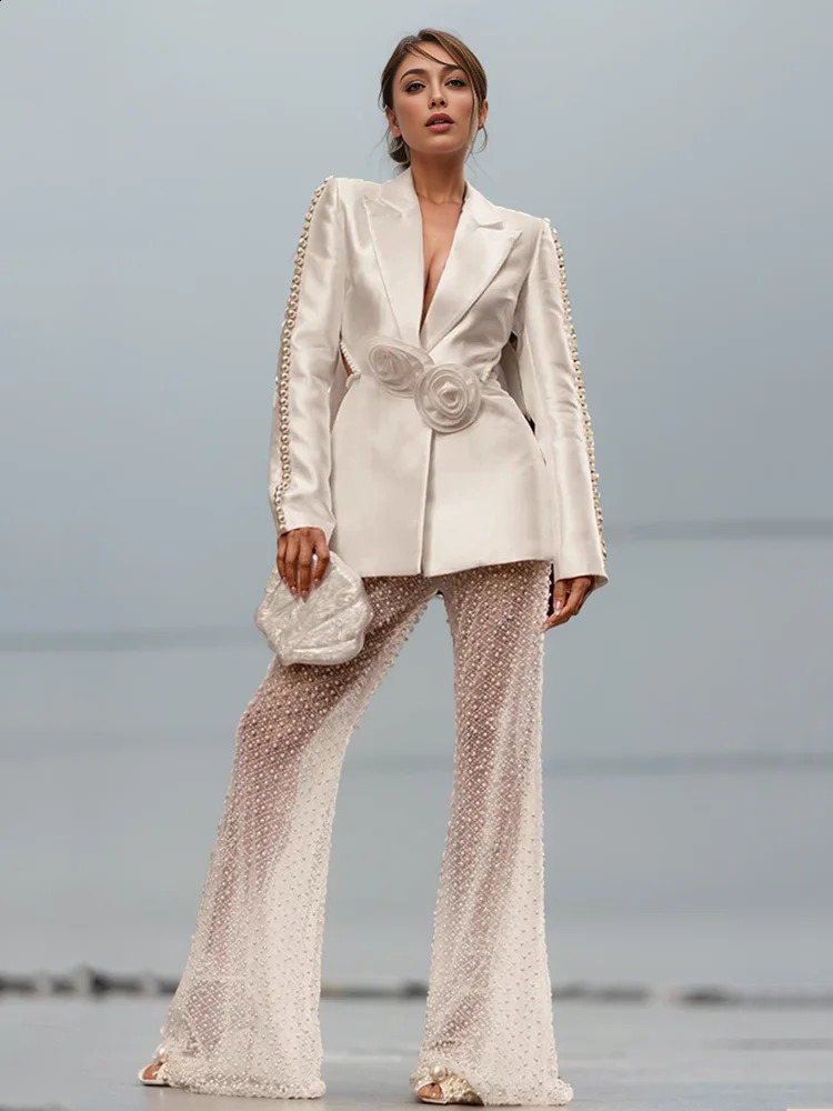 DEAT Fashion Womens 2-piece Set Slotted Single Button Back less Flower High Waist Sparkling Pearl Pants Summer 2024 Style 7AB4135 241021