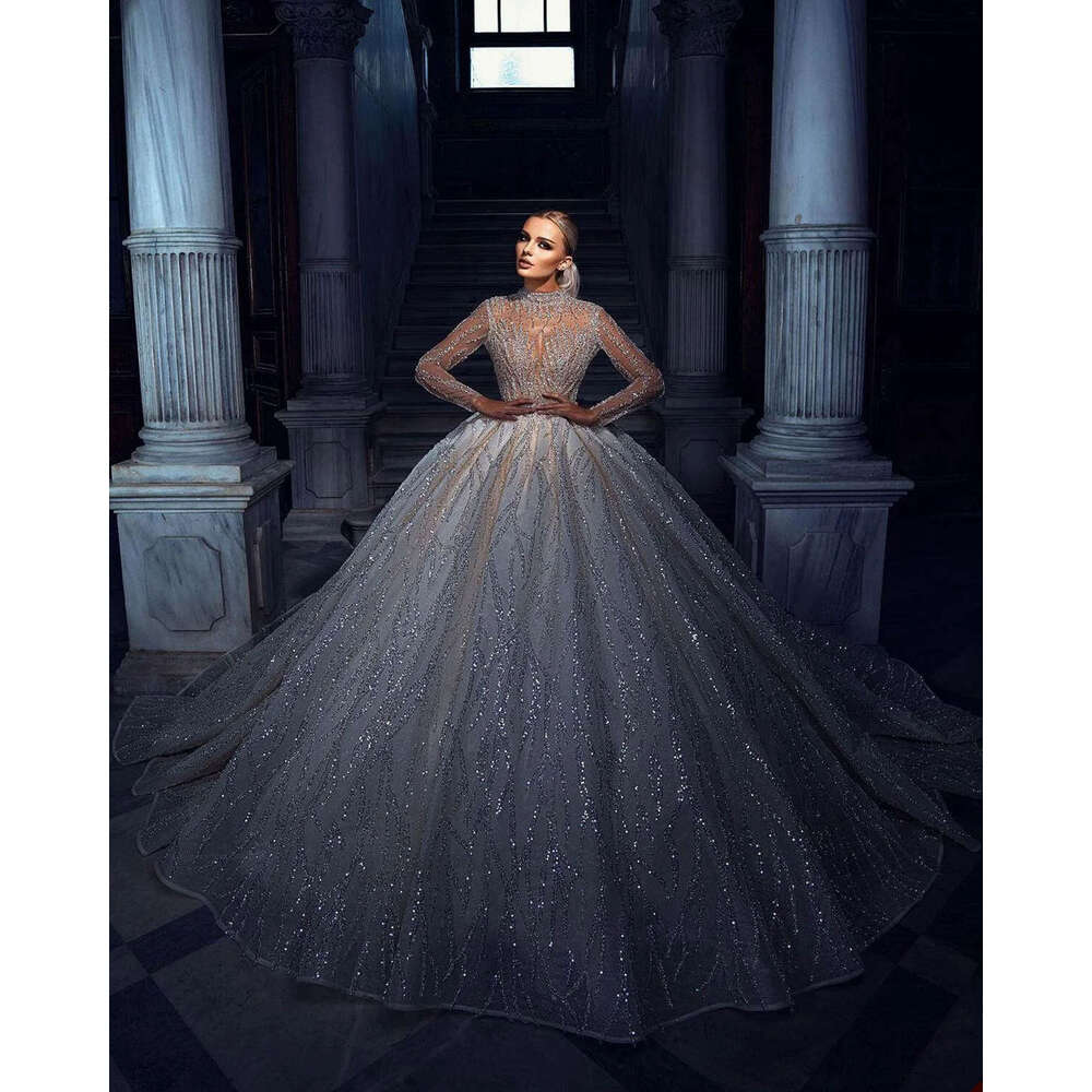 Wedding Dress Illusion Ball Gown High Collar Sequined Ruched Long Sleeve Or-Length Bride Vestido De Noiva Custom Made 0218