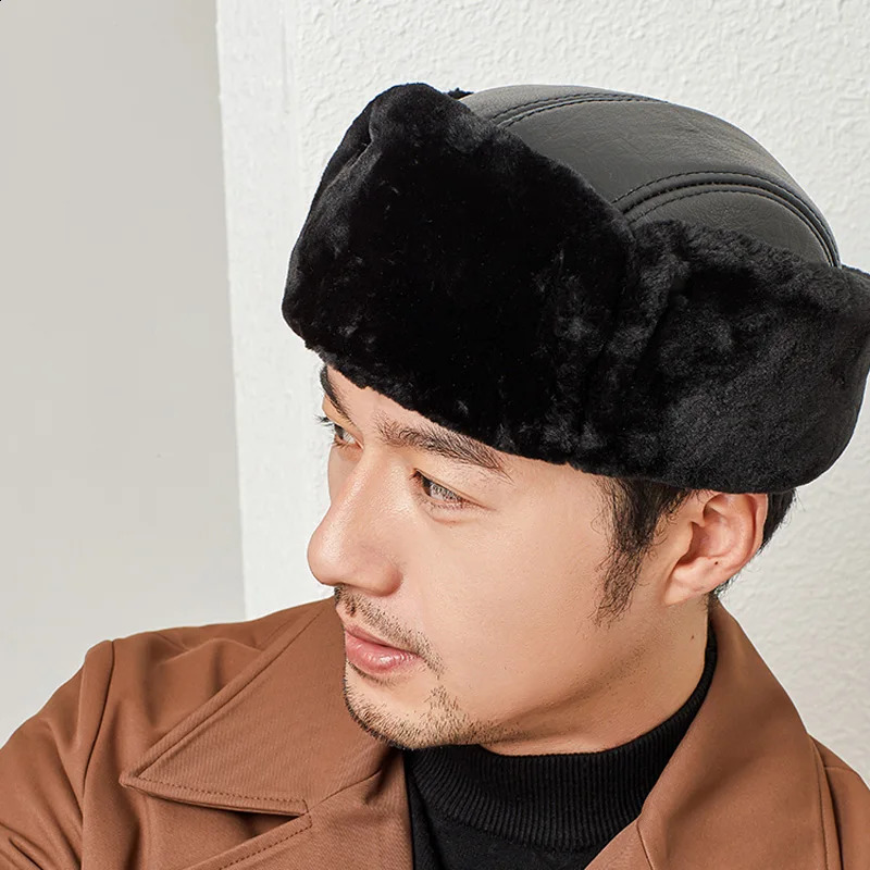 Winter Lei Feng Hats Man Genuine Leather Cap Male Warm Faux Fur Inside Big Earflap Middle-Aged Elderly Father Gorras Ear Cap 241024