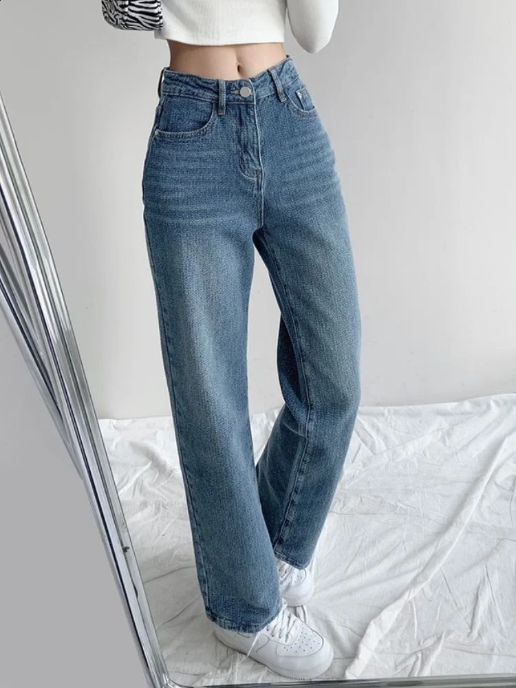European womens jeans and American loose high waisted slim fit straight blue automatic pocket pants 241021