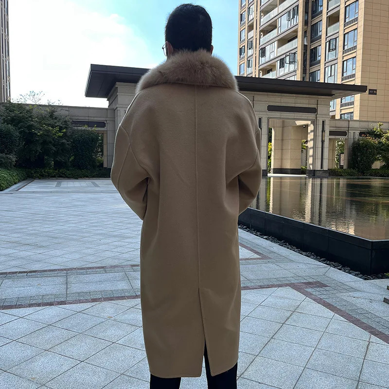 mens real wool coat with detachable big real fox fur collar warm coat for winter and autumn fluffy natural fur QN5123 241021