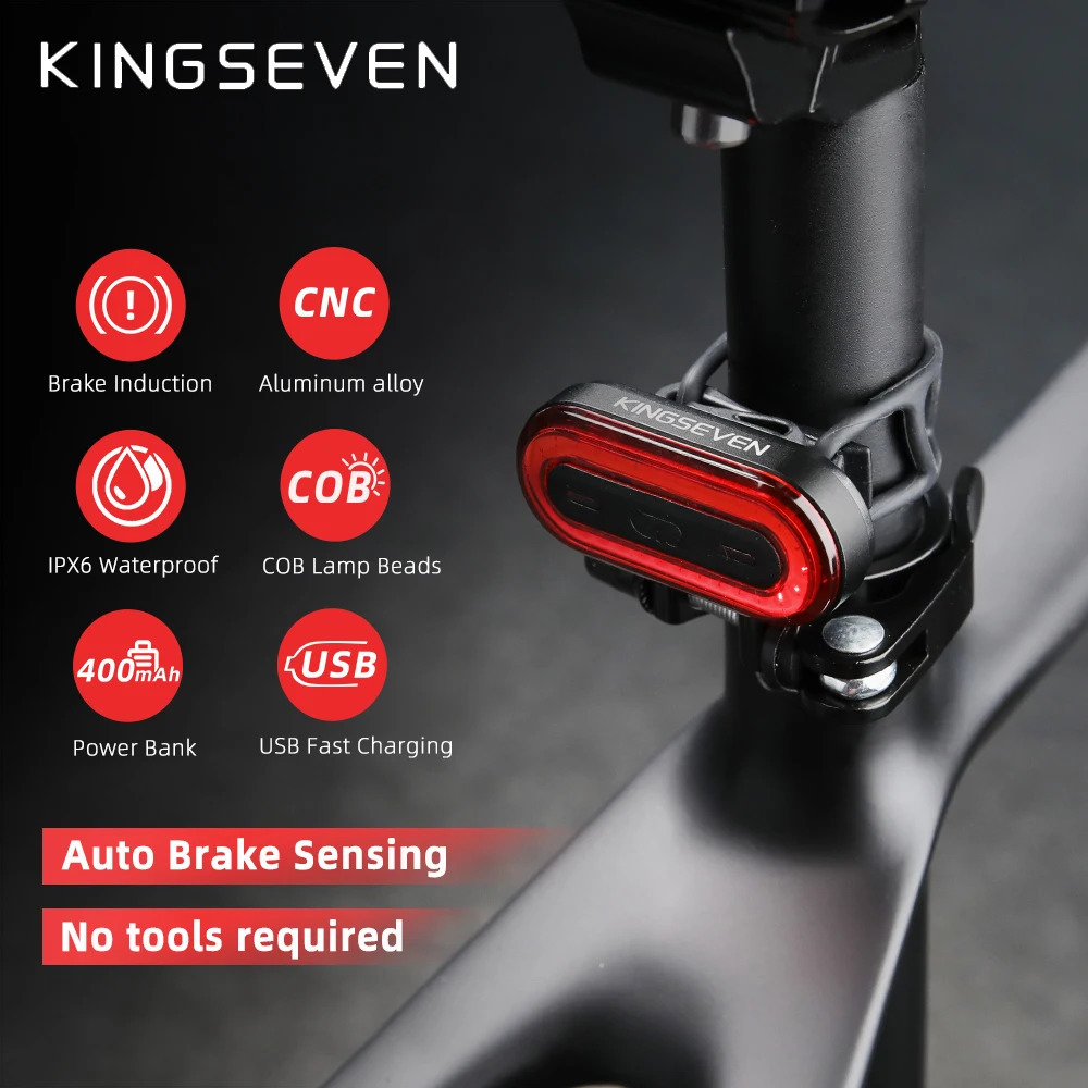 KINGSEVEN Bike Light Smart Brake Sensor Rear Tail Light USB Rechargeable LED Bicycle Headlight Cycling Flashlight MTB Taillight 241018