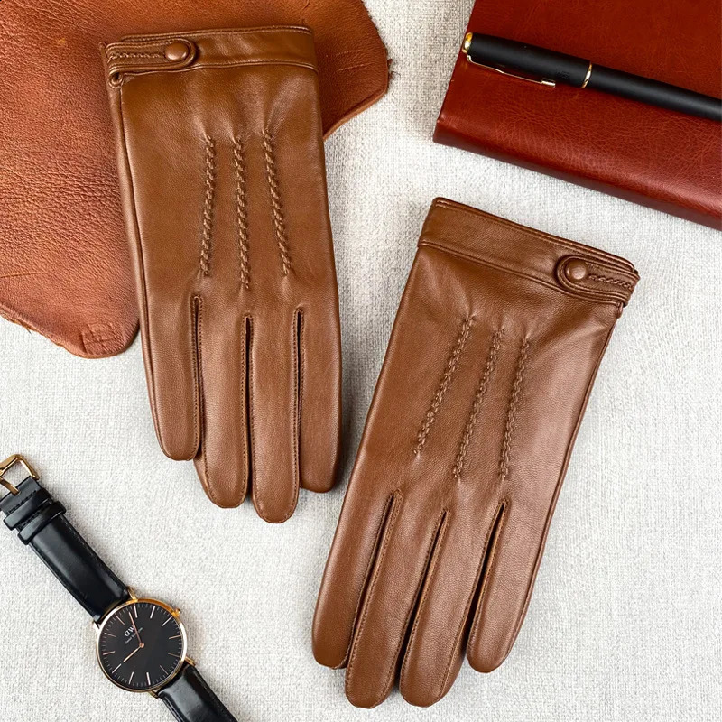 High Quality Genuine Sheepskin Leather Men Gloves Autumn Winter Windproof Warm Touch Screen Business Full Finger Gloves 241024
