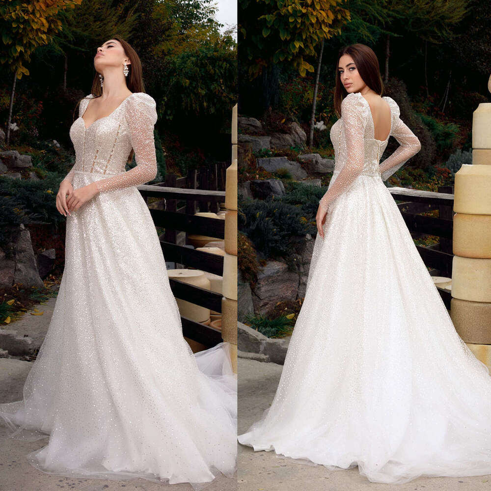 Wedding Dress A-E V-Neck Crystal Sequins Backless Long Sleeve Or-Length Princess Bride Vestido De Noiva Custom Made 0227Lz