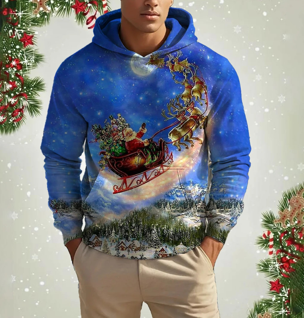 Mens Santa Claus Fashion Hoodie 3D Pattern Printed Top Autumn Winter Casual Long Sleeve Oversized Christmas Theme Hoodie 241021