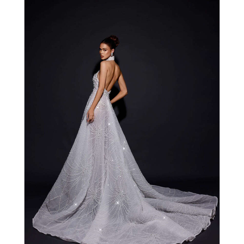 Ful Wedding Dress A-E Halter Sequined Beading Sleeveless Or-Length Princess Bride Vestido De Noiva Custom Made 0228Lz