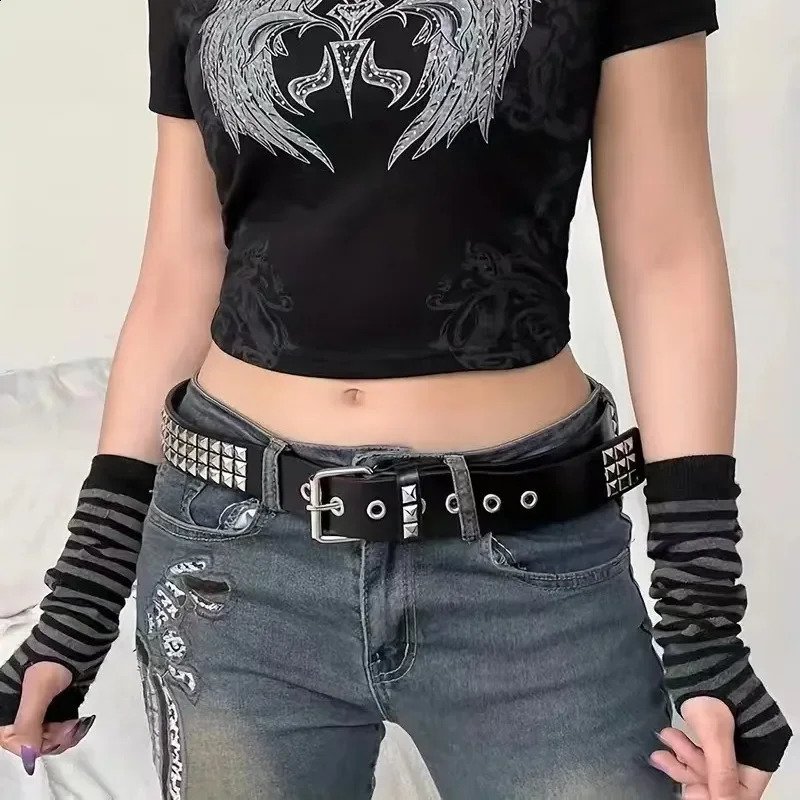 Punk Rivet Belt Metal Square Bead Women Men Bright Rock Studded Jeans Alloy Buckle Y2K Wide-brimmed Leather Waistband Belt 241024