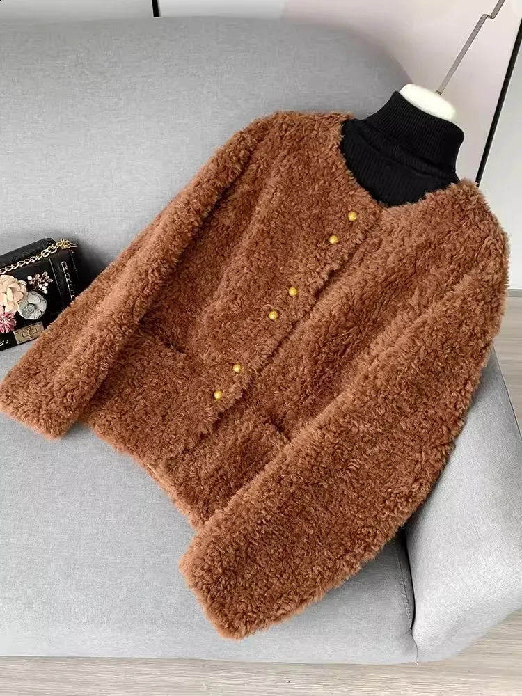 Womens autumn and winter real wool jacket O-neck single chest natural wool fur coat retro office womens thick warm coat 241021