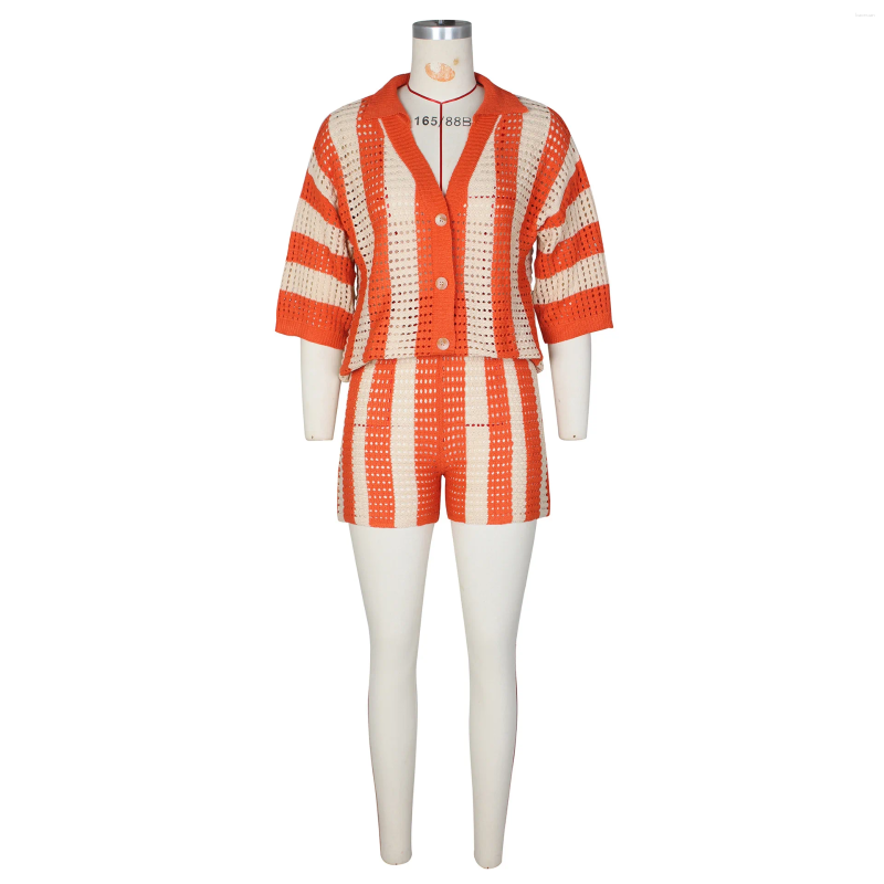 Womens Tracksuits Wholesale Style Casual Short Sleeve Two Piece Elegant Hollow Out Knitted V-Neck Striped Patchwork Set