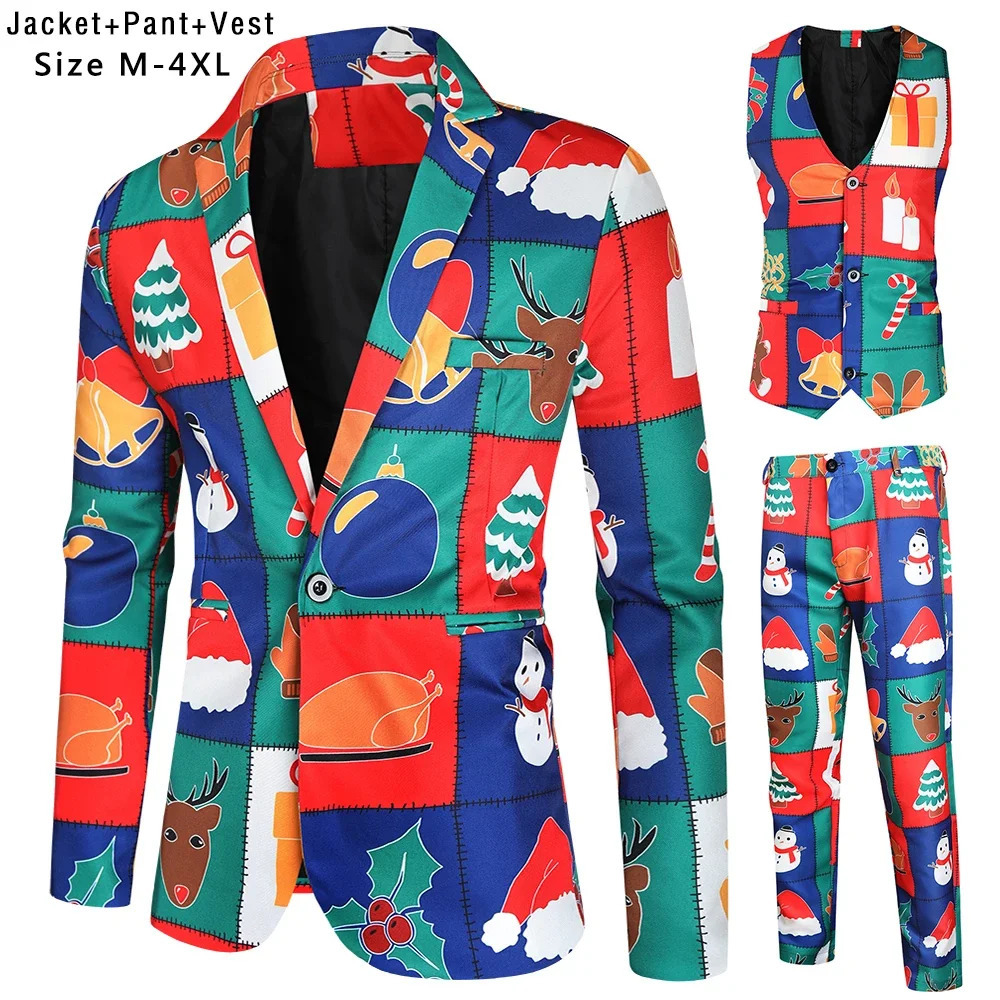 Plus Size 4XL Christmas Men 3 Piece Suits Fashion Sunglasses Santa Claus Printing Mens Sets Blazers Jacket and Trousers Vest 241022 - view 6