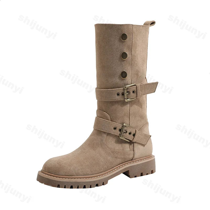 Fashion Buckle Women Suede Leather Handmade Round Toe Spike Heel Boots Autumn Winter Western Mid-Calf Booties 241021