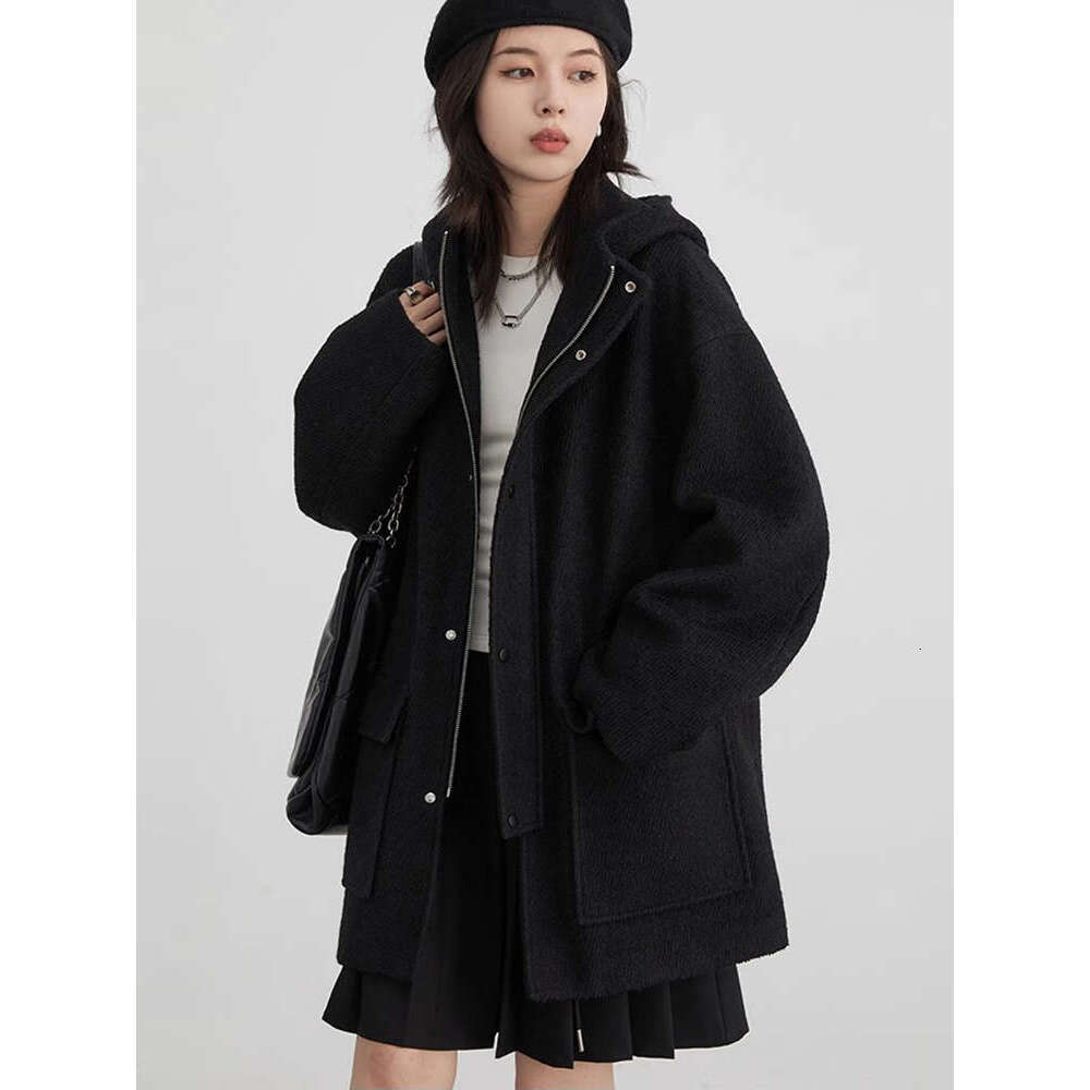 CHIC VEN Women's Woolen Coat Loose Solid New British Hooded Jackets Drawstring Mid-Length Ladies Windbreaker Autumn Winter 250526