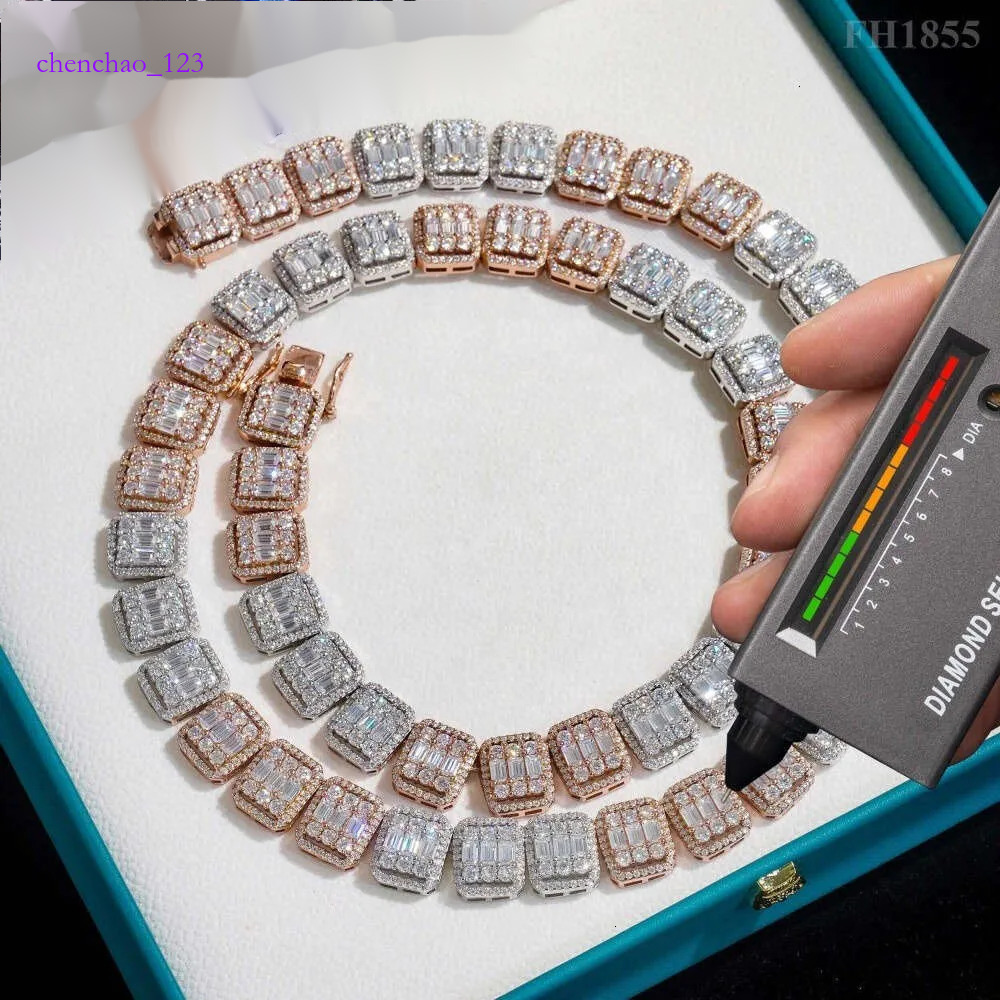 Pass Dia Tester 2 Tones Hip Hop Jewelry Necklace Sier 13MM Baguette Cluster Moissanite Iced Out Tennis Chain