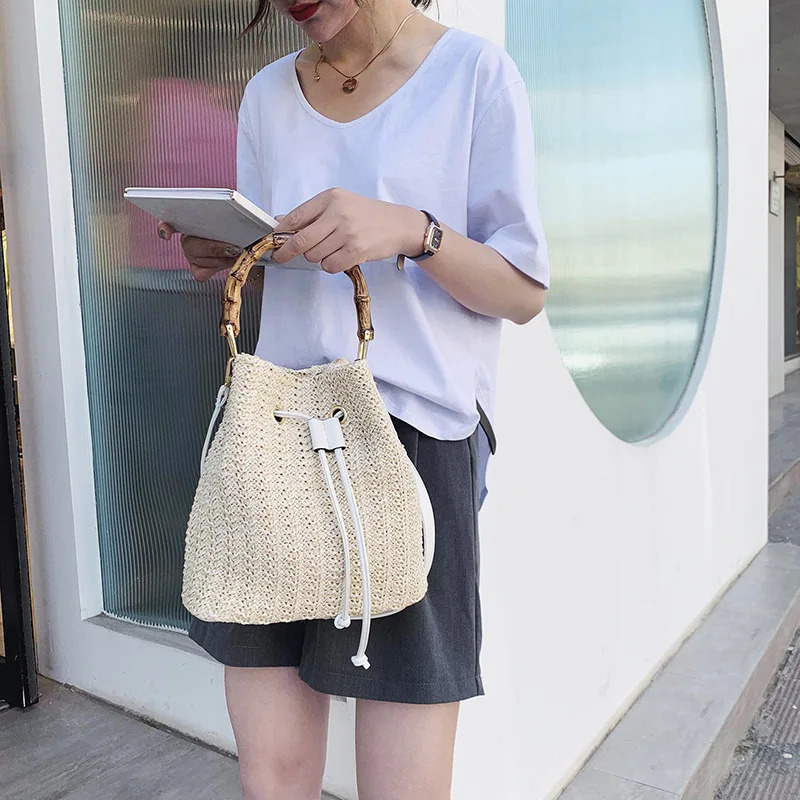 Bohemian Cross Drawstring Bucket Womens Lattan Willow Bag Handle Beach Handbag 241022 1e8f 4