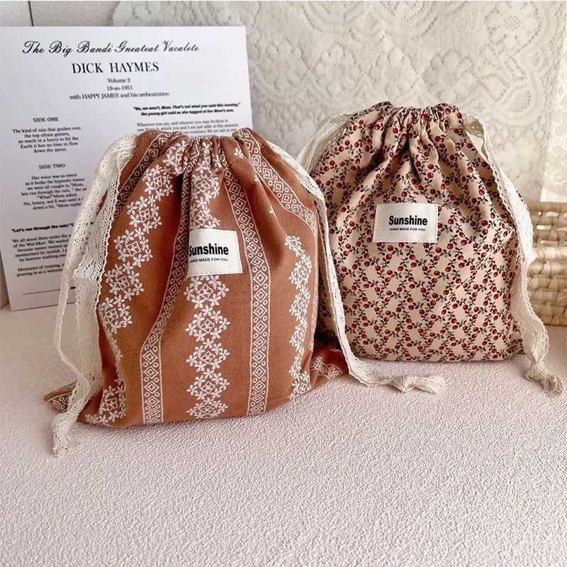 Printed Flower Mommy Bag Baby Diaper Bag Cotton Nappy String Pocket Stroller Carry Pack Travel Outdoor Diaper Storage BagC250326