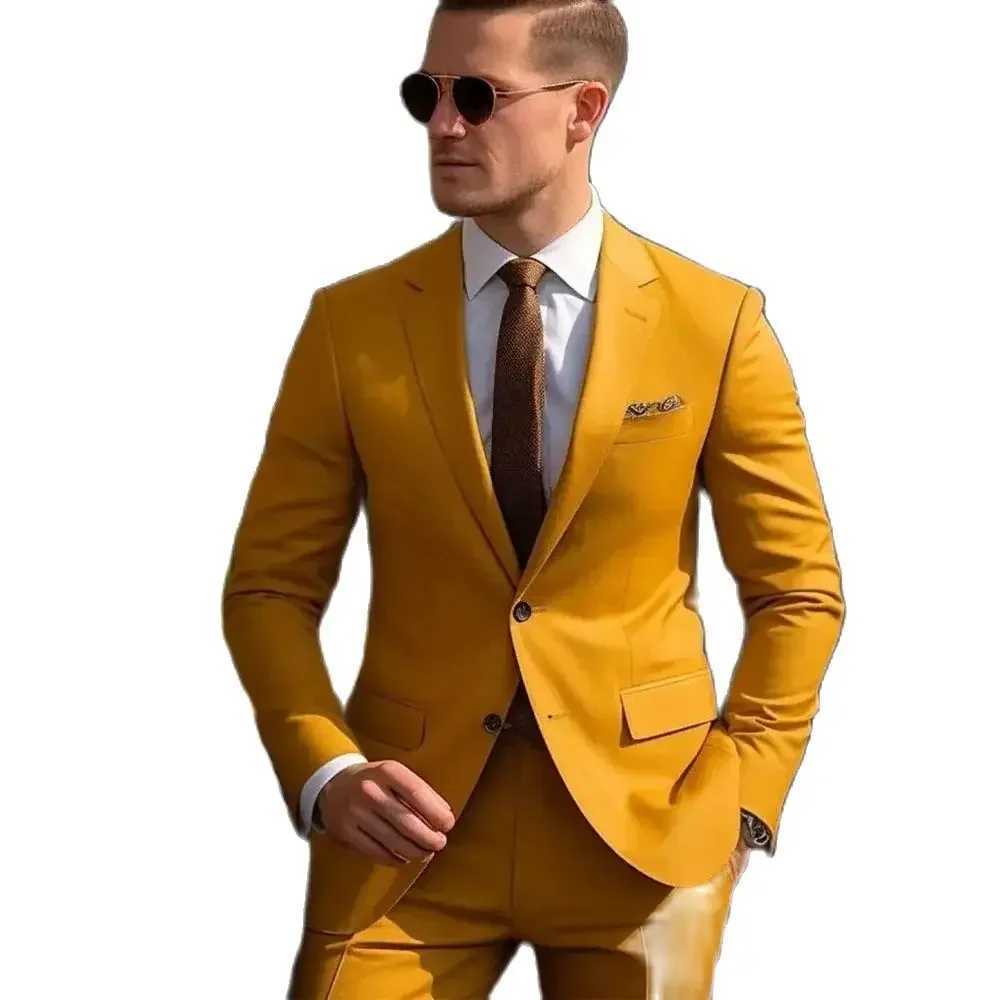 High Quality Men Suits Yellow Single Breasted Skinny 2 Pieces Jacket Pants Set Formal Wedding Outfits Costume Homme LX241022