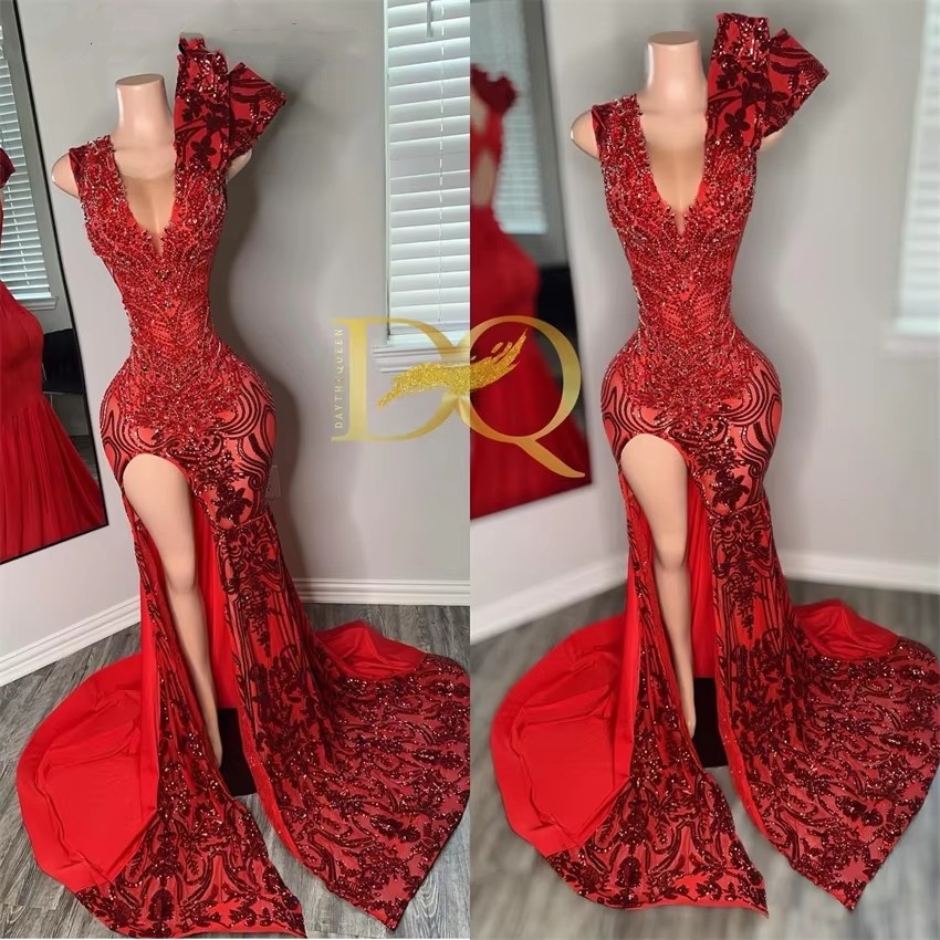 Sexy Red Sequins Lace Long Mermaid Prom Dresses 2025 Side Split Birthday Evening Gown For Black Girl Vestidos De Novia