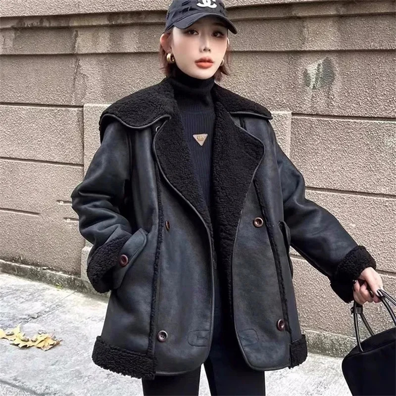 womens fashionable fur coat for winter 2024 featuring a large lapel navy blue collar aged thick long sleeves and a warm jacket 241021