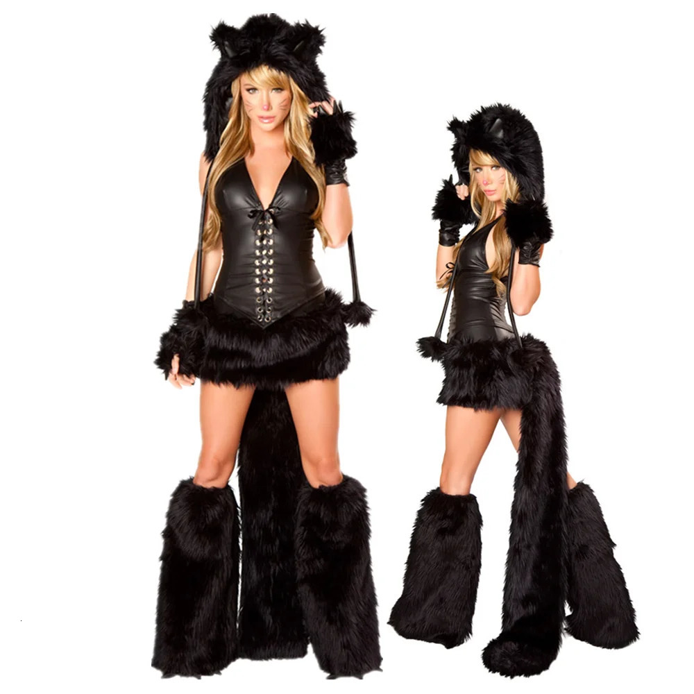 Adult Womens Sexy Furry Animal Costume Halloween Christmas Party Cosplay Black Cat Girl Fancy Dress Up 241022