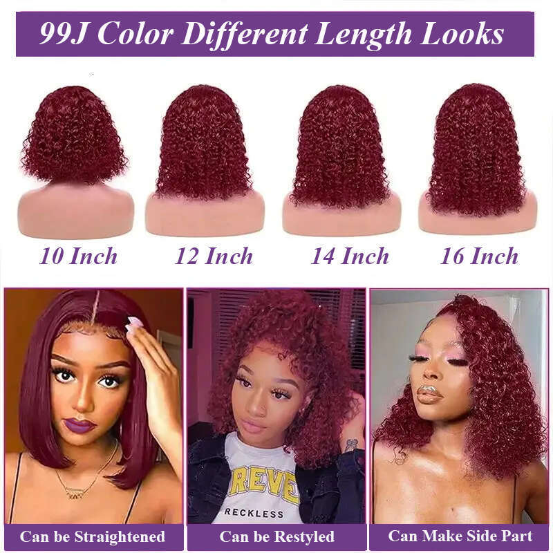 Red Bob 99J Bury Front 13x4 Curly Wigs Lace Human Hair Colored Deep Wave Frontal Wig