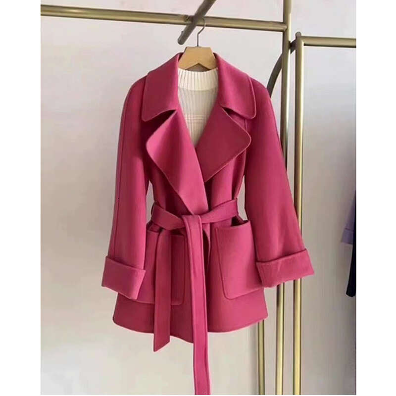 French Hepburn Style Double-Sided Cashmere Coat, Light High-End Feeg, Rose Pink Woolen Coat Women