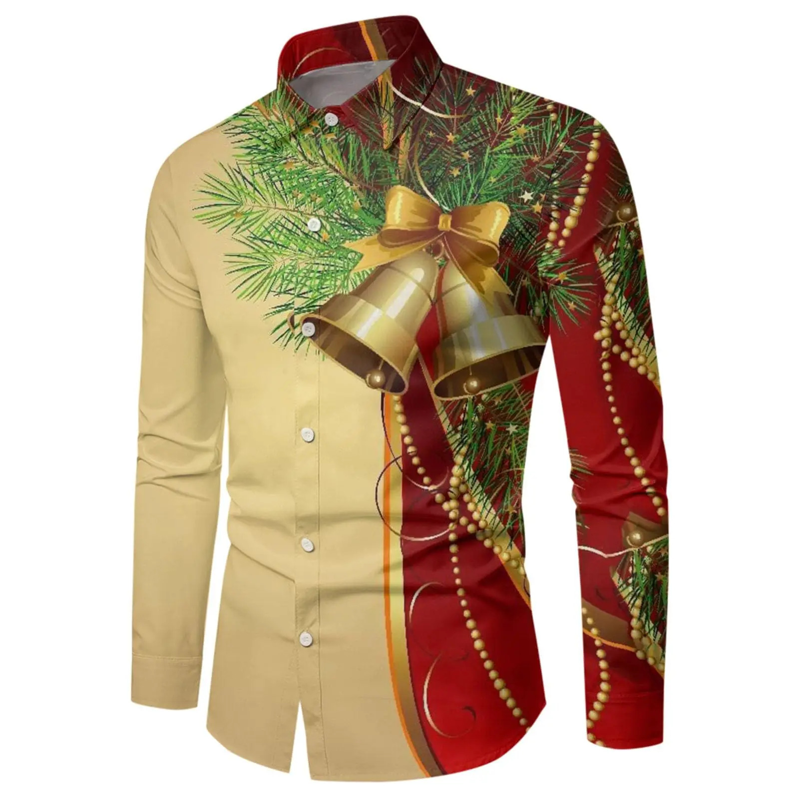 Mens 3D Christmas Bell Fashion Print Single Breasted Long Sleeve Shirt Casual Loose Lapel 241022